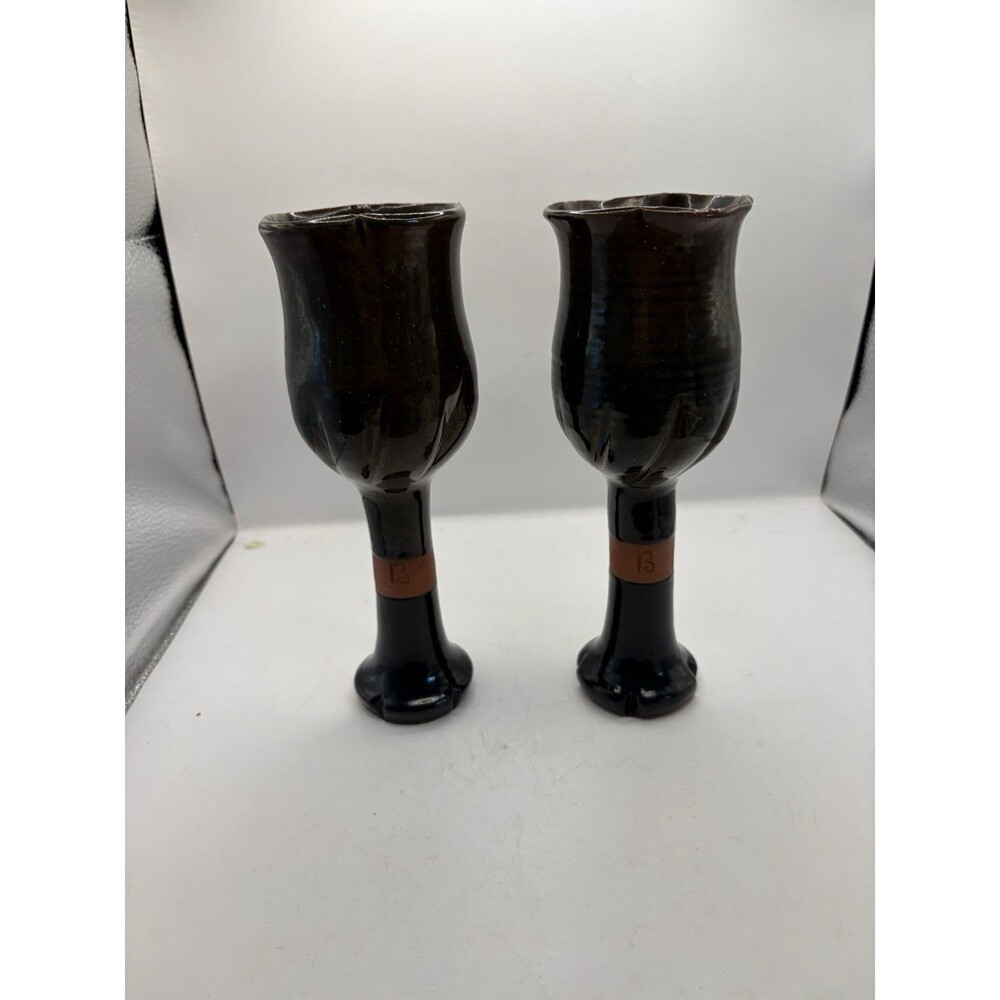 Studio Art Pottery Ceramic Footed Wine Goblet  Brown Drip Paint Set /2 Initial B